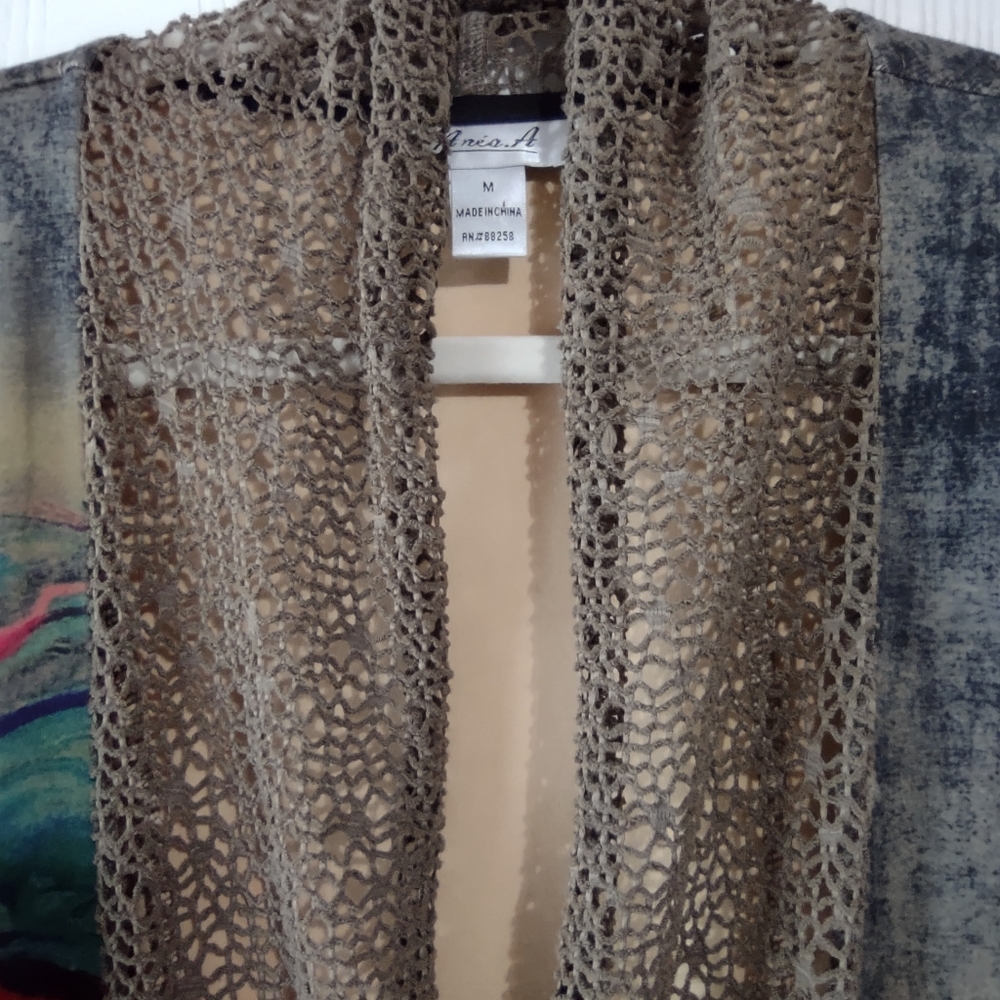 Womens Multicolor Long Open Front Jacket with Floral Accents - Picture 3 of 4